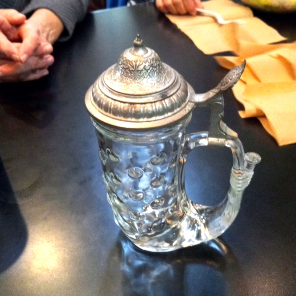 Vintage Pewter Lid Glass Horn Beer Stien.